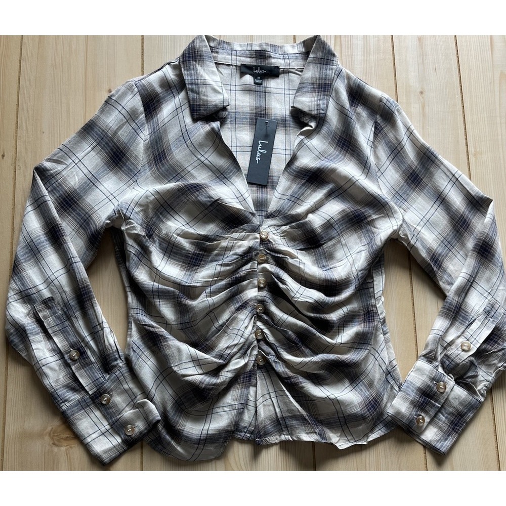 Lulus Plaid Ruched Front Long Sleeve Top NWT Brown‎ Cotton Size M